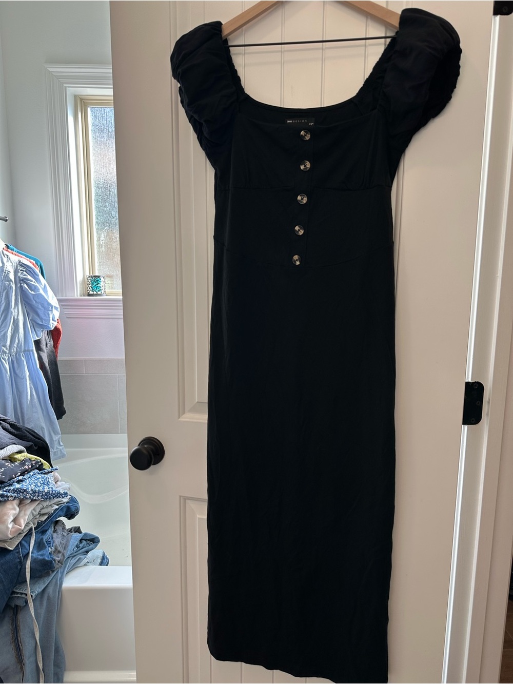 ASOS Black Puff-Sleeve Button-Front Midi Dress